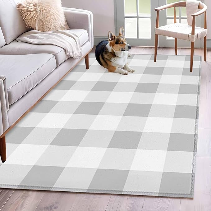 Area Rug 4x6ft, Light Grey White Plaid Washable Rugs for Living Room Bedroom, Farmhouse Decoration Buffalo Check Soft Non-Slip Area Rugs Rectangle Floor Carpet for Dining Room