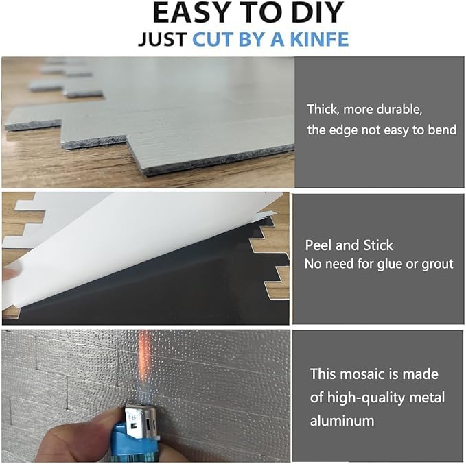 WEIMEISC 10 Sheets Peel and Stick Backsplash Tile for Kitchen, Self-Adhesive Mosaic Tile, Stick on Bathroom Vanities，Fireplace Décor, Laundry Table (Metal Grey Wooden Texture)