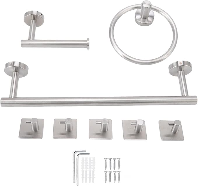 Tyenaza Towel Bar, Bathroom Hardware Set with Towel Rings Towel Bar Tissue Holder 5 Hooks 304 Stainless Steel, for Bathroom, Kitchen, Living Room