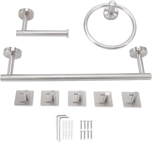 Tyenaza Towel Bar, Bathroom Hardware Set with Towel Rings Towel Bar Tissue Holder 5 Hooks 304 Stainless Steel, for Bathroom, Kitchen, Living Room