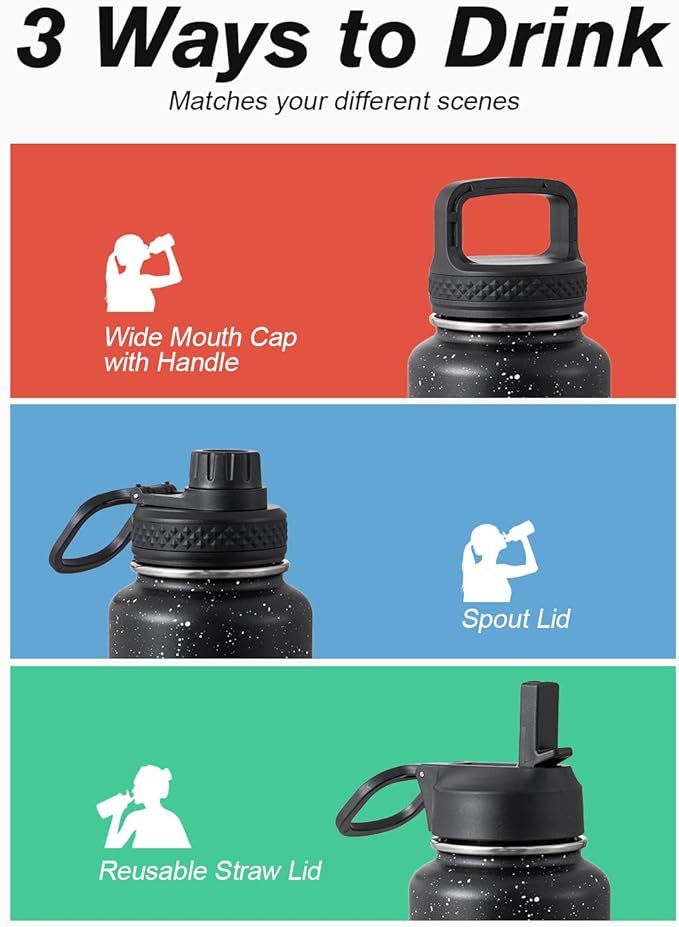 Coolflask Water Bottle 40 oz Insulated with Straw, Stainless Steel Metal 3 Lids Water Flask for Sports or Office, Keep Cold 48H Hot 24H, Starry Night