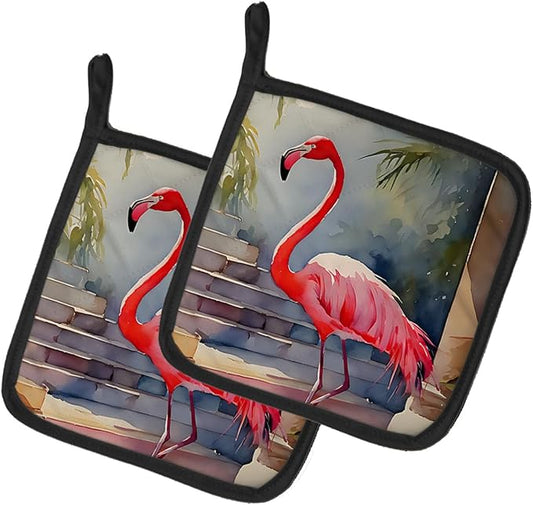 Caroline's Treasures Flamingo Pair of Pot Holders Kitchen Heat Resistant Pot Holders Sets Oven Hot Pads for Cooking Baking BBQ, 7 1/2 x 7 1/2