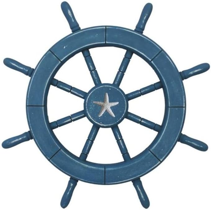 Handcrafted Nautical Decor Rustic All Light Blue Decorative Ship Wheel with Starfish 18" - Wooden Ships Wh