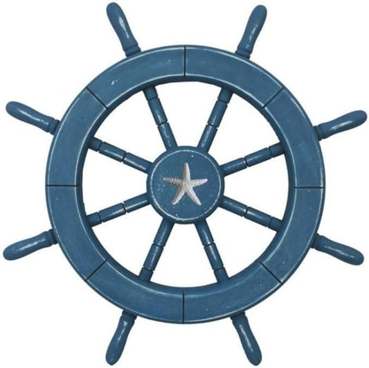Handcrafted Nautical Decor Rustic All Light Blue Decorative Ship Wheel with Starfish 18" - Wooden Ships Wh
