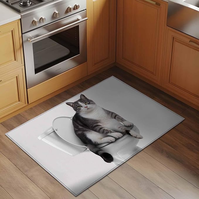 Area Rug 2x3ft, Cute Funny Cat on The Toilet Washable Rugs for Living Room Bedroom, Animal Grey Art Soft Non-Slip Area Rugs Rectangle Floor Carpet for Dining Room
