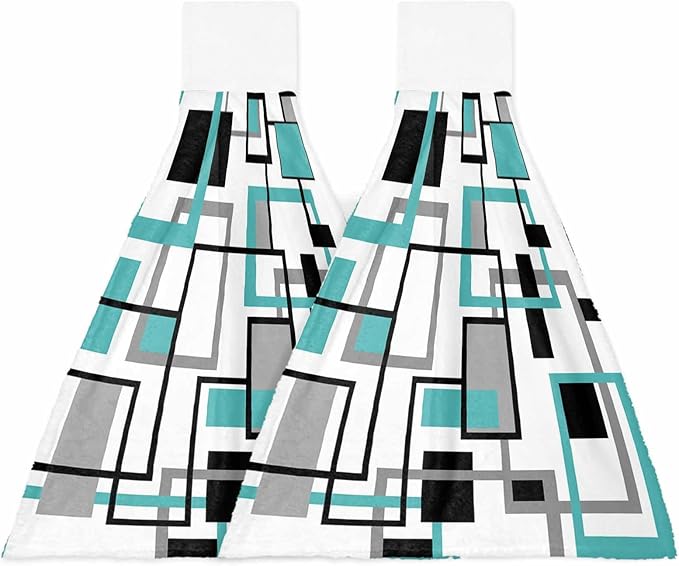 Alandar Home Kitchen Tie Towel Set of 2, Teal Abstract Geometric Retro Mid Century Absorbent Soft Hand Towels for Bathroom Hanging Towels, Nordic Style Fast Drying Cleaning Cloth with Loop