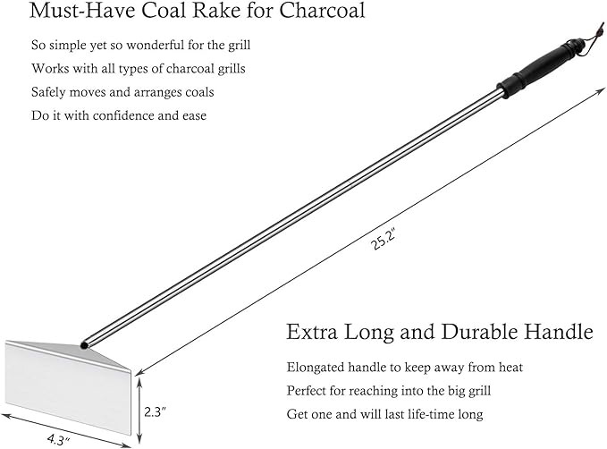 Grilliance Charcoal Grill Ash Rake Hoe for Fireplace Wood Stove Pizza Oven, Stainless Steel BBQ Cleaner Poker Scraper, Elongated Cleaning Tool Accessories for Smoker, Ceramic, Kamado, Vision Grills