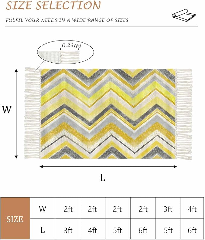 Kitchen Runner Rugs, Yellow Gray Gradient Zigzag Stripe 4'x6' Throw Rug with Tassels, Nordic Style Abstract Art Washable Soft Floor Carpet Runner for Hallway Bedroom Bathroom Laundry Room