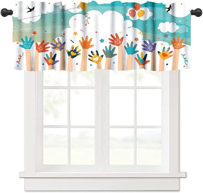 Children's Day Valance Curtain, Cartoon Handprint Birds Blue Sky Clouds Window Drapes for Kids Bedroom Living Room Classroom Home Decor, 54x18Inch