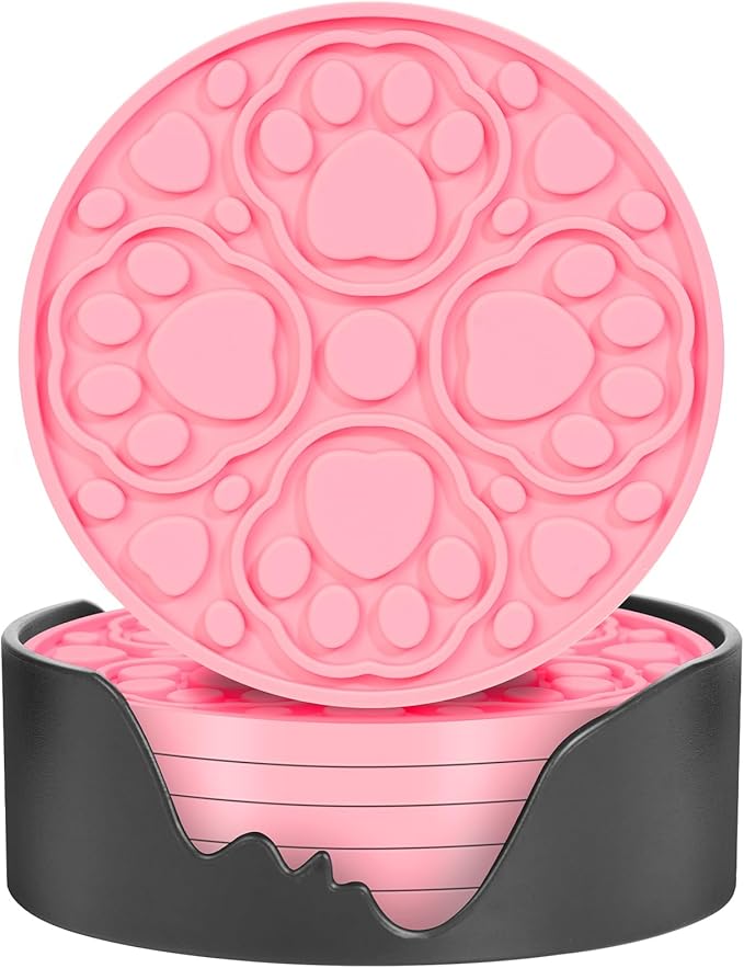 Pink Silicone Coasters Set of 6 with Holder, 4 Inch Non-Slip Decorative Drink Coasters for Bar, Beer, Coffee, Waterproof Cup Mats for Tabletop and Desk Decor, Dishwasher Safe, Cute Housewarming Gift