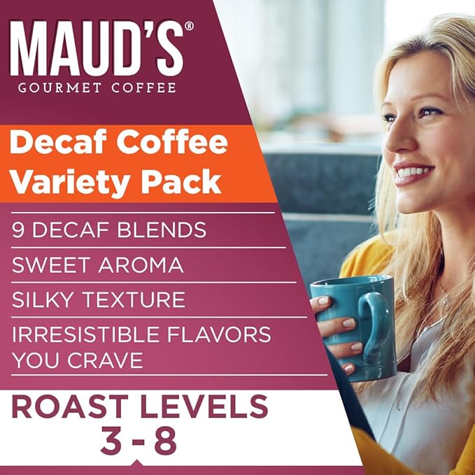 Maud's Decaf Coffee Pods Variety Pack, 80 ct, 9 Assorted Roasts & Flavors, Decaffeinated Medium Roast Coffee in Single Serve Pods - 100% Arabica Coffee, Compatible with Keurig K Cups Maker