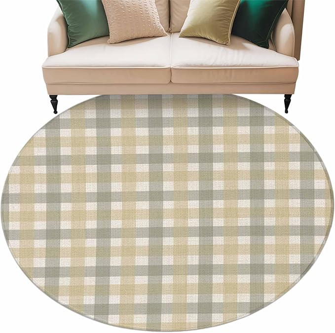Washable Round Area Rug Farmhouse Vintage Beige Tan Buffalo Plaid Circle Rugs Floor Carpet for Living Room Bedroom, Rustic Linen Soft Non Slip Round Rug 5ft