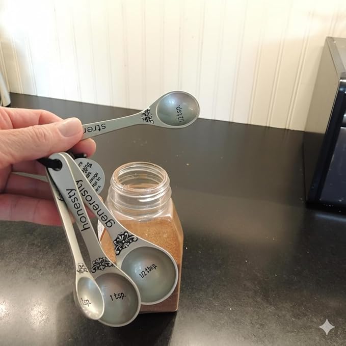 Amazing Woman Measuring Spoon Set, Decorative Gifts and Kitchen Accessories, 4 Spoons, Engraved Pewter and Silver Enamel, By Abbey & CA Gift