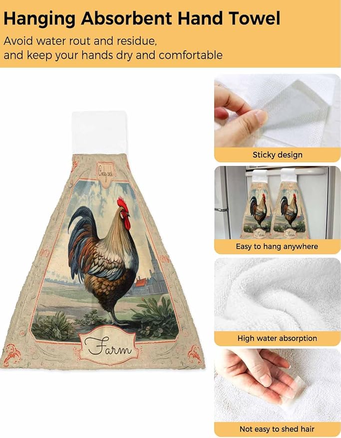 Alandar Home Kitchen Tie Towel Set of 1, Farmhouse Rustic Animal Rooster Absorbent Soft Hand Towels for Bathroom Hanging Towels, Vintage Flower Texture Fast Drying Cleaning Cloth with Loop