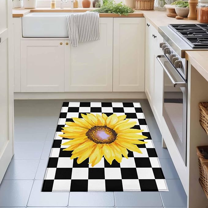 Area Rug 2x3ft, Watercolor Sunflower on Checkered Washable Rugs for Living Room Bedroom, Yellow Black White Soft Non-Slip Area Rugs Rectangle Floor Carpet for Dining Room
