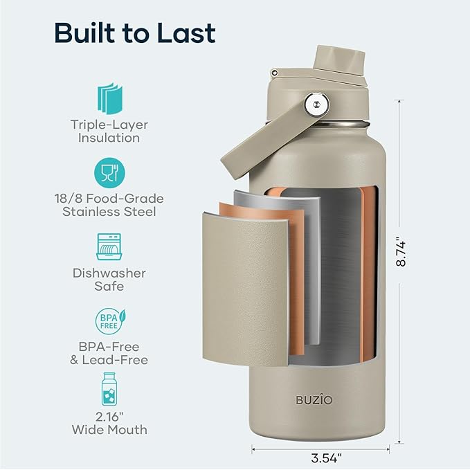 BUZIO 32 oz Water Bottle Insulated, Leakproof Stainless Steel Flask (Cold for 48 Hrs), Wide Mouth BPA-Free Metal Thermo Hydro Canteen with 2 Lids, Greige