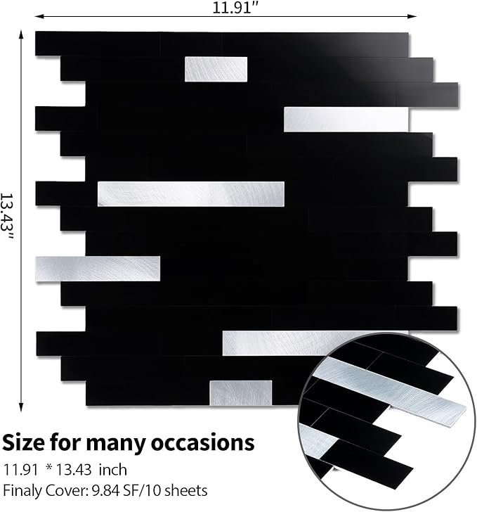 Yipscazo 5 Sheets Peel and Stick Stone Metal Tile Backsplash, Stick on Tiles for Backsplash Kitchen, Bathroom, Laundry Room, Camper, Fireplace (12'' X 12'', Polished Pure Black)