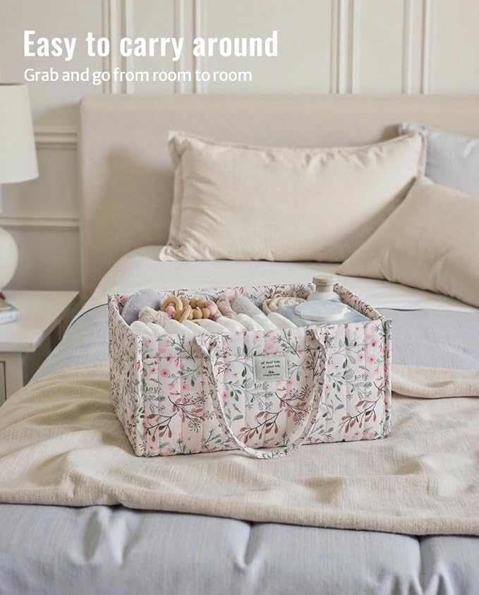 Quilted Fabric Storage Basket Floral Baby Diaper Caddy Quilted Basket Organizer for Newborn Nursery Bedroom Car Storage