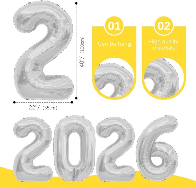 New Years Decorations Balloons 2026 Graduation Balloons 2026 Balloon Number 40 Inch 2026 Number Balloon Silver Graduation Decoration Class Of 2026 Decorations Grad Graduation Party Supplies