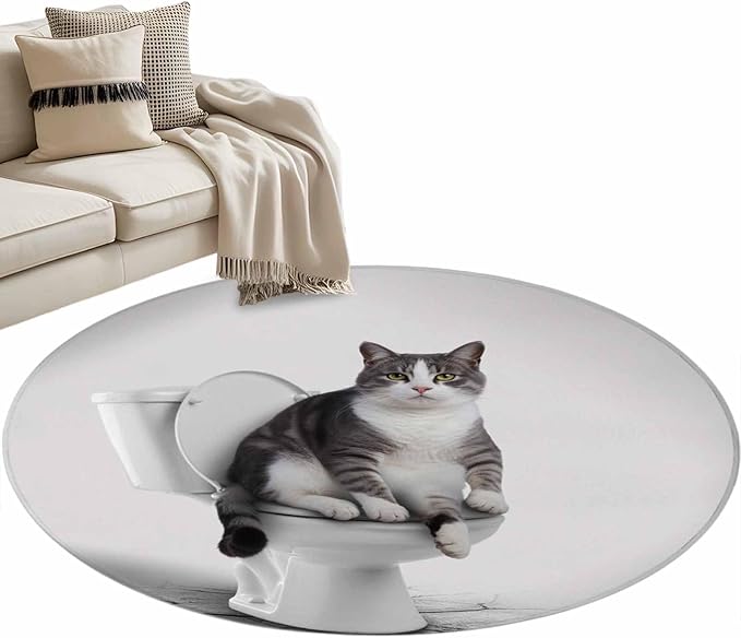 Washable Round Area Rug Cute Funny Cat on The Toilet Circle Rugs Floor Carpet for Living Room Bedroom, Animal Grey Art Soft Non Slip Round Rug 3ft