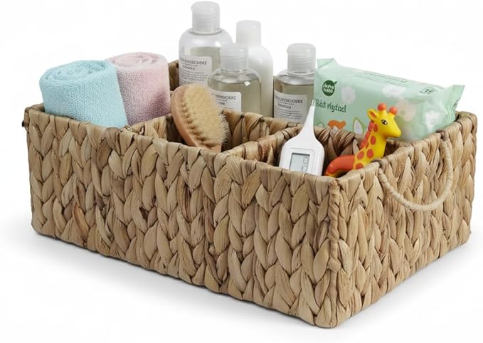 Storage Basket with Handles, Water Hyacinth Storage Baskets, Wicker Diaper Caddy, Basket with dividers, Countertop Organizer for Bathroom, Living Room, Home(15.75*11.03*5.52 inches)