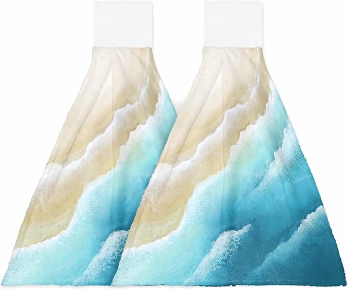 Alandar Home Kitchen Tie Towel Set of 2, Summer Blue Gradients Wave Absorbent Soft Hand Towels for Bathroom Hanging Towels, Sandy Beaches Fast Drying Cleaning Cloth with Loop