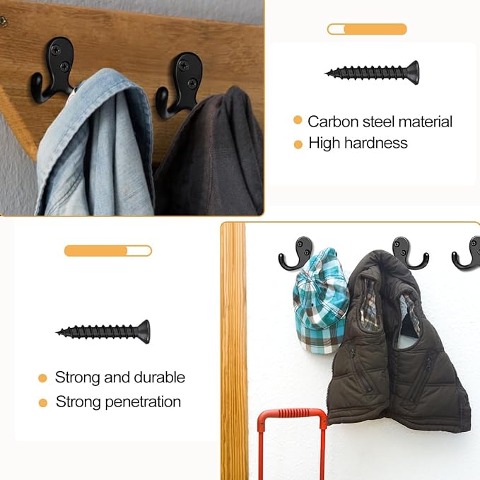 CBWLWJ 15 Pack Coat Hooks Wall Hooks for Hanging, Heavy Duty Double Prong Metal Hook Wall Mounted for Living Room, Bathroom, Kitchen, Bedroom for Coat, Bag, Scarf, Towel, Hat, Key, Cup (Black)