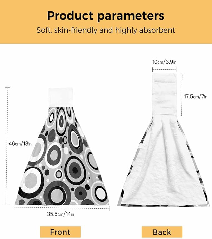 Alandar Home Kitchen Tie Towel Set of 1, Modern Circle Gray Black White Absorbent Soft Hand Towels for Bathroom Hanging Towels, Abstract Geometric Art Fast Drying Cleaning Cloth with Loop