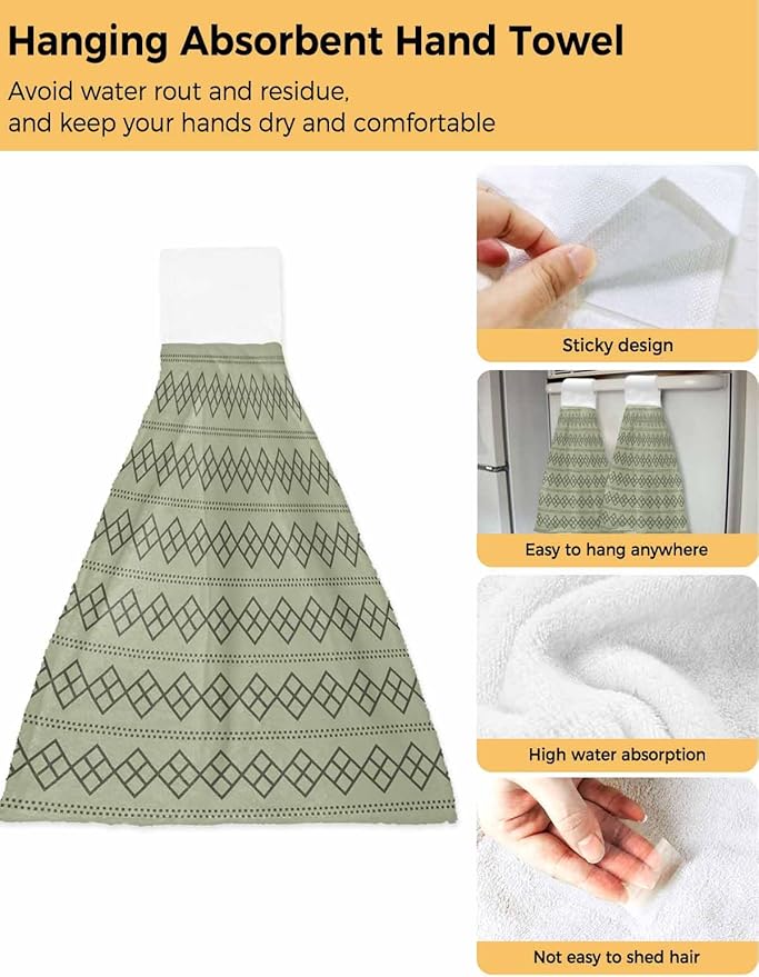 Alandar Home Kitchen Tie Towel Set of 1, Modern Sage Green Black Check Absorbent Soft Hand Towels for Bathroom Hanging Towels, Dotted Line Geometric Art Fast Drying Cleaning Cloth with Loop