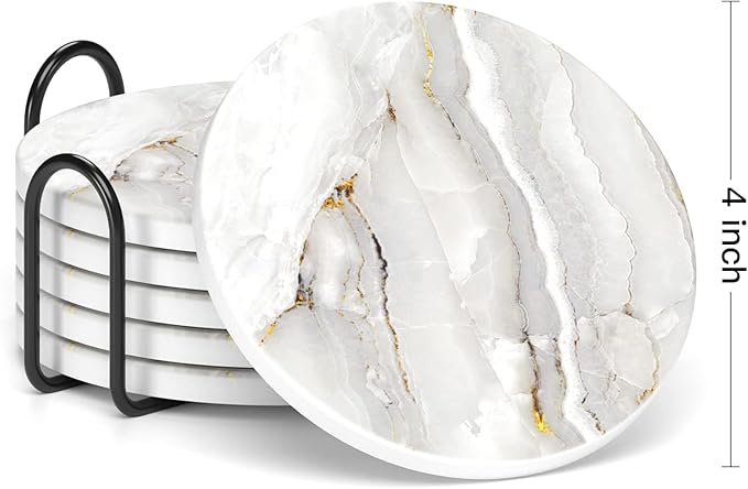 Nipichsha Coasters for Drinks, Set of 6 Cute Absorbent Ceramic Drink Coasters for Cup with Holder and Cork Base, Kitchen Home Decor Housewarming Gift, Round 4 in, White Gold