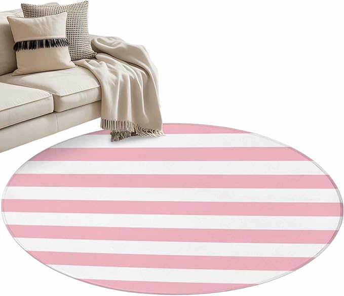 Washable Round Area Rug Pink White Stripe Circle Rugs Floor Carpet for Living Room Bedroom, Classic Geometric Line Soft Non Slip Round Rug 4ft