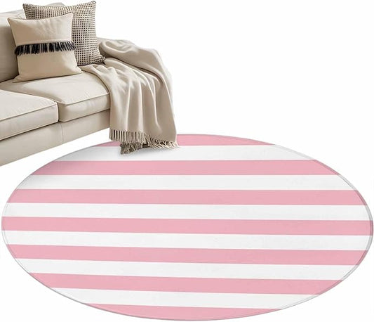 Washable Round Area Rug Pink White Stripe Circle Rugs Floor Carpet for Living Room Bedroom, Classic Geometric Line Soft Non Slip Round Rug 4ft