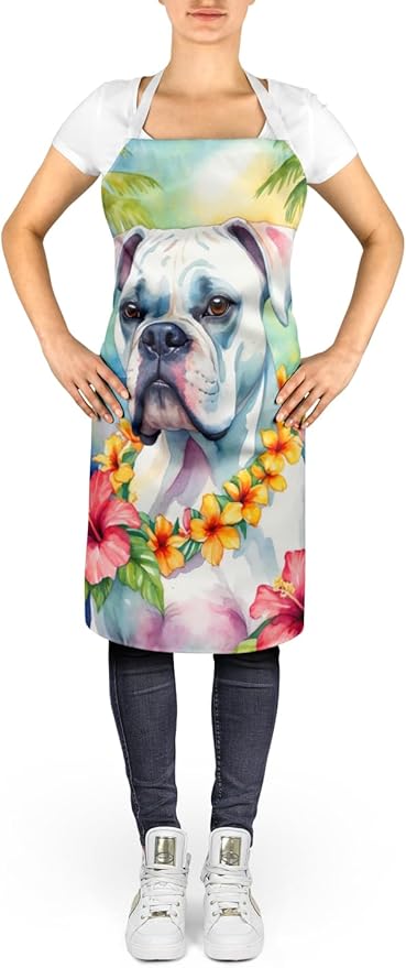 Caroline's Treasures White Boxer Luau Apron Cooking Kitchen Server Baking Crafts Gardening for Adult Women Men, Unisex, Large, Multicolor