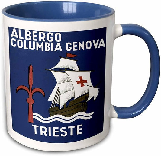 3dRose Vintage Albergo Columbia Genova Trieste Luggage Label 15oz Two-Tone Blue Mug