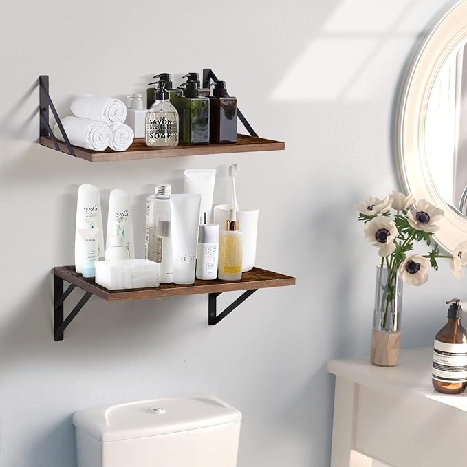 Tectocker-DOU 2 Pc Deep Floating Shelves ; Wall Mounted Hanging Shelves for Living Room, Kitchen, Office, Bathroom and Bedroom Decor; Storage and Display Shelf Set (Brown, 16W×12D)