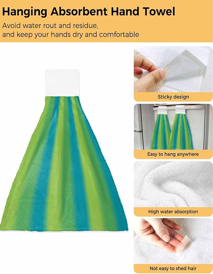 Alandar Home Kitchen Tie Towel Set of 2, Green Blue Vertical Stripes Absorbent Soft Hand Towels for Bathroom Hanging Towels, Gradient Stripes Seamless Fast Drying Cleaning Cloth with Loop