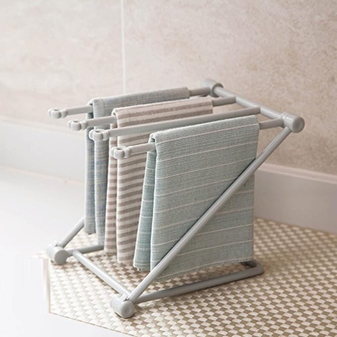 GOTOTOP Folding Towel Drying Rack with 4 Arms, Hanging Towel Holder for Kitchen Organization, Well Organized, Easy to Take (Light Gray)