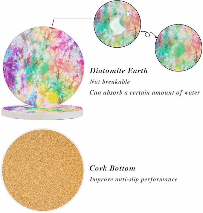 Tie Dye Coasters for Drinks Rainbow Splash Tie Dye Pattern Absorbent Ceramic Drink Coaster for Coffee Wooden Table Home Decor Set of 2