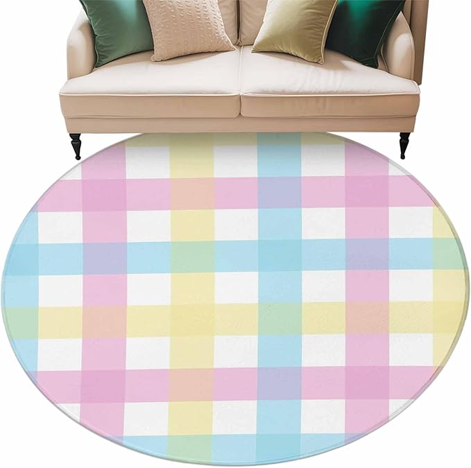 Washable Round Area Rug Spring Easter Colorful Lattice Circle Rugs Floor Carpet for Living Room Bedroom, Minimalist Buffalo Checker Soft Non Slip Round Rug 5ft
