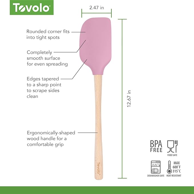 Tovolo Silicone Spatula Wooden Handle for Cooking Baking Mixing, Heat Resistant Food Safe BPA Free Flexible Silicone Baking Spatula with Wood Handles Kitchen Utensils Nonstick Safe, Pink Sorbet