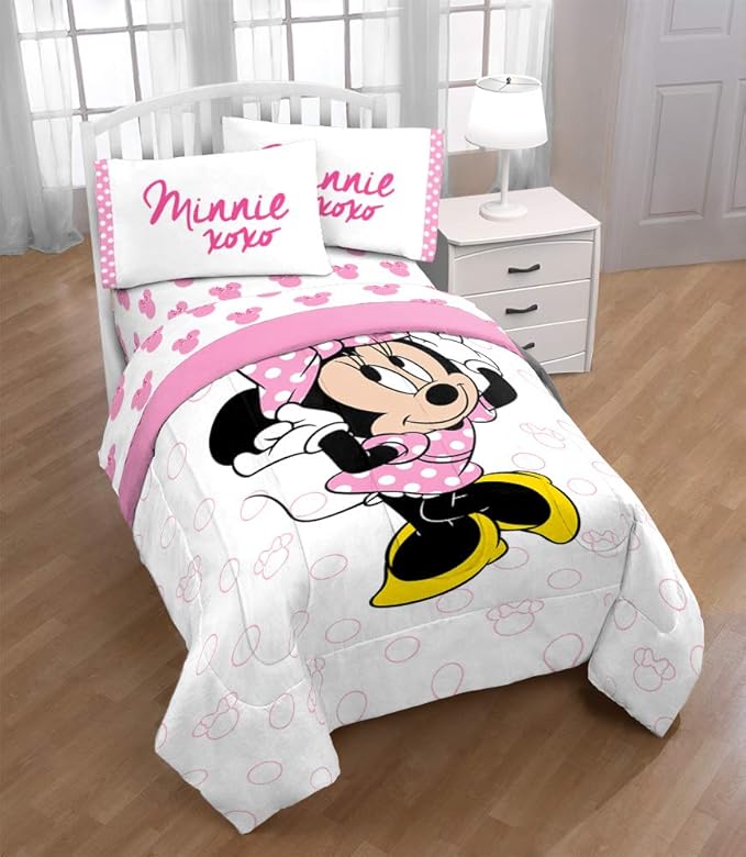 Jay Franco Kids Sheet Set with Fitted, Flat Sheets & Pillow Cover - Ultra-Soft Bedding with Pillowcase for Room Decor, White - Minnie Mouse, 3 Piece Twin