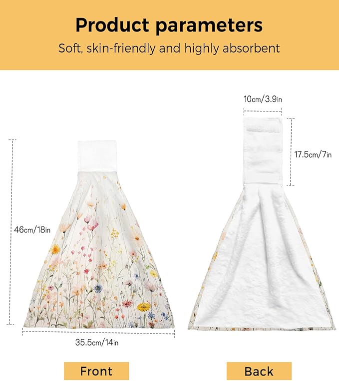 Alandar Home Kitchen Tie Towel Set of 2, Country Colorful Flower Leaves on Vintage Absorbent Soft Hand Towels for Bathroom Hanging Towels, Summer Floral Fast Drying Cleaning Cloth with Loop