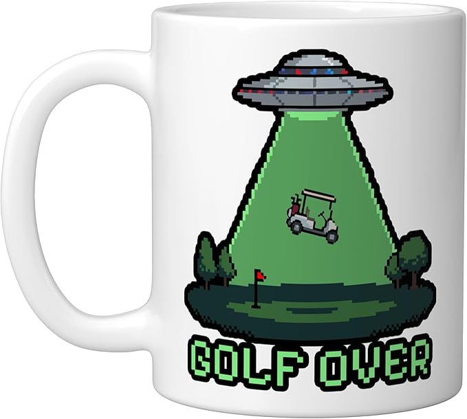Retro Funny GOLF OVER Pixel Art UFO Abducting Golf-Cart Ceramic Mug, White