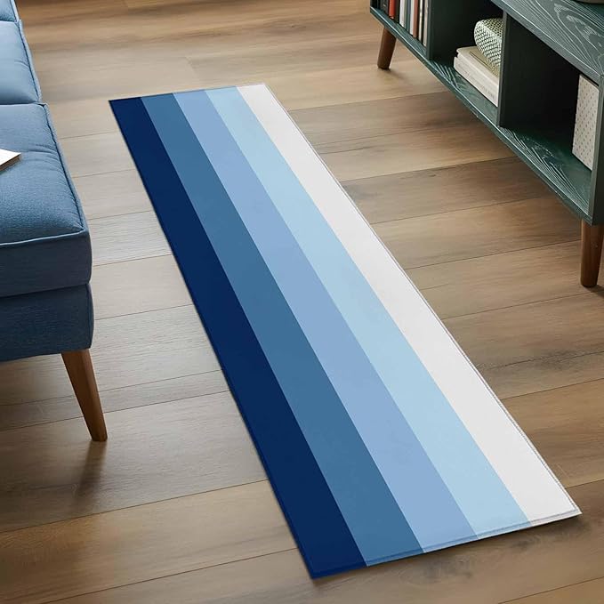 Runner Rug for Bedroom Hallway, Minimalist Blue White Ombre Stripe Kitchen Runner Rugs Area Rug 2x6ft, Modern Gradient Art Washable Soft Floor Carpet for Entryway Stair
