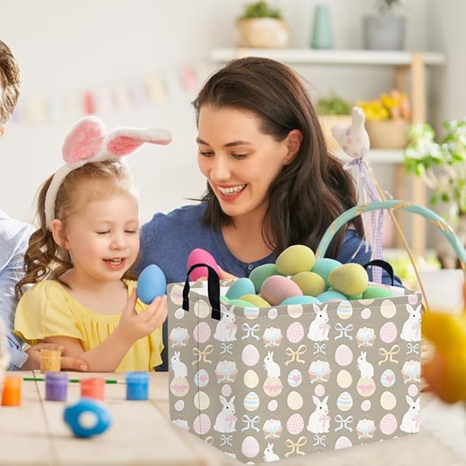 FXOLCSHE Rectangular Easter basket,Easter basket empty,Nursery Hamper,Collapsible waterproof baby toy storage box for Kids,Toy Organizer,Easter Home Decor,Gift Baskets(Bowknot egg)
