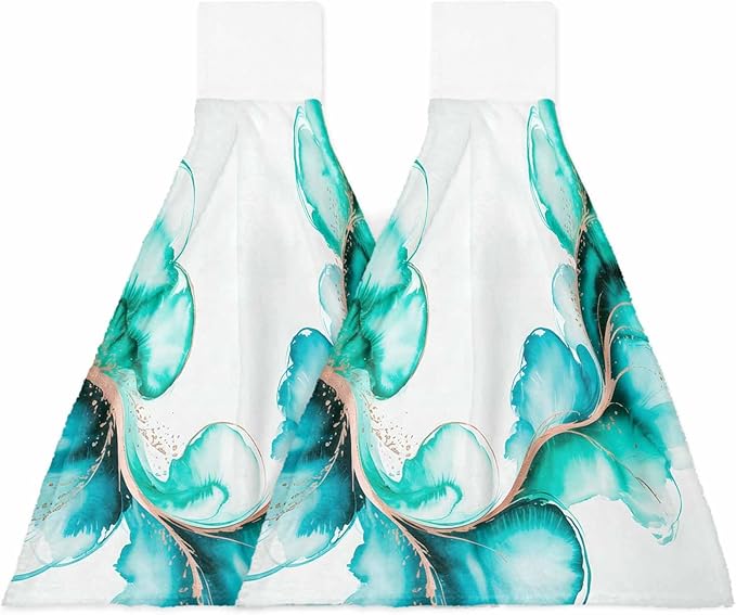Alandar Home Kitchen Tie Towel Set of 2, Fantasy Ink Abstract Art Absorbent Soft Hand Towels for Bathroom Hanging Towels, Gradient Watercolor Green Fast Drying Cleaning Cloth with Loop