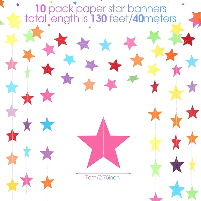 Patelai 130 Feet Glitter Star Garland Banner 2026 Party Decoration Double Side Star Hanging String Streamer Paper Twinkle for Graduation Wedding Birthday (Rainbow)