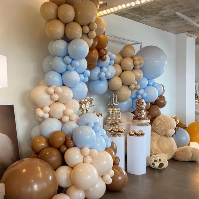 Blue and Brown Balloon Garland Arch Kit, 114Pcs Dusty Blue Double Stuffed Coffee Brown Sand White Balloons for Boy Bear Baby Shower Decorations Wedding Boho Birthday Party Decorations