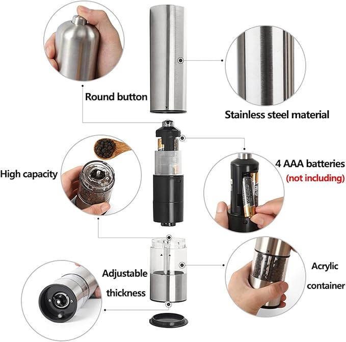 Pepper Mill Grinder 2 Pcs Stainless Steel Electric Salt and Pepper Mill Set Herb Spice Grinder Adjustable Coarseness One Handed Operation Kitchen Gadget for Home, Barbecue, Party (Color : 1) (5 )