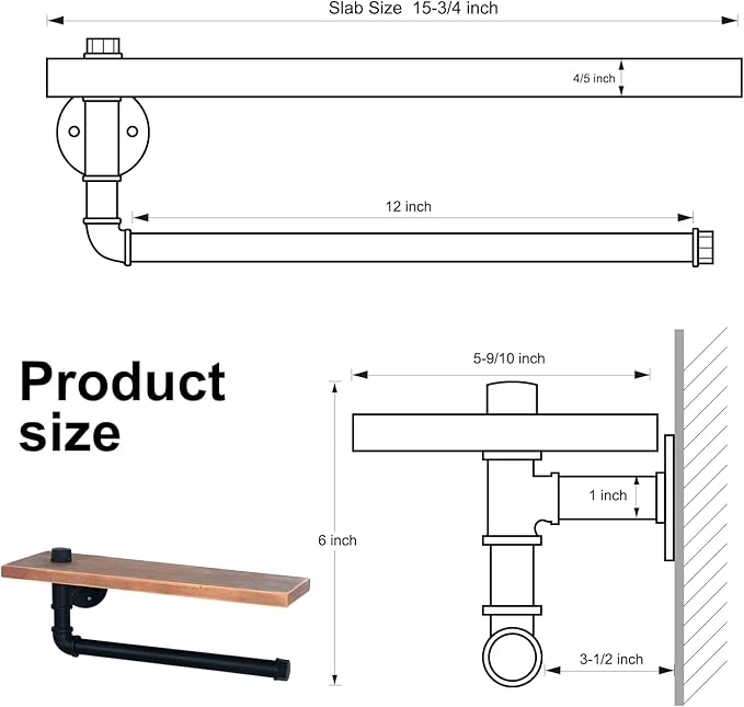 HouseAid Industrial Pipe Paper Towel Holder with Shelf, Rustic Farmhouse Paper Towel Rack for Bathroom, Kitchen, Wall Mounted, Matte Black